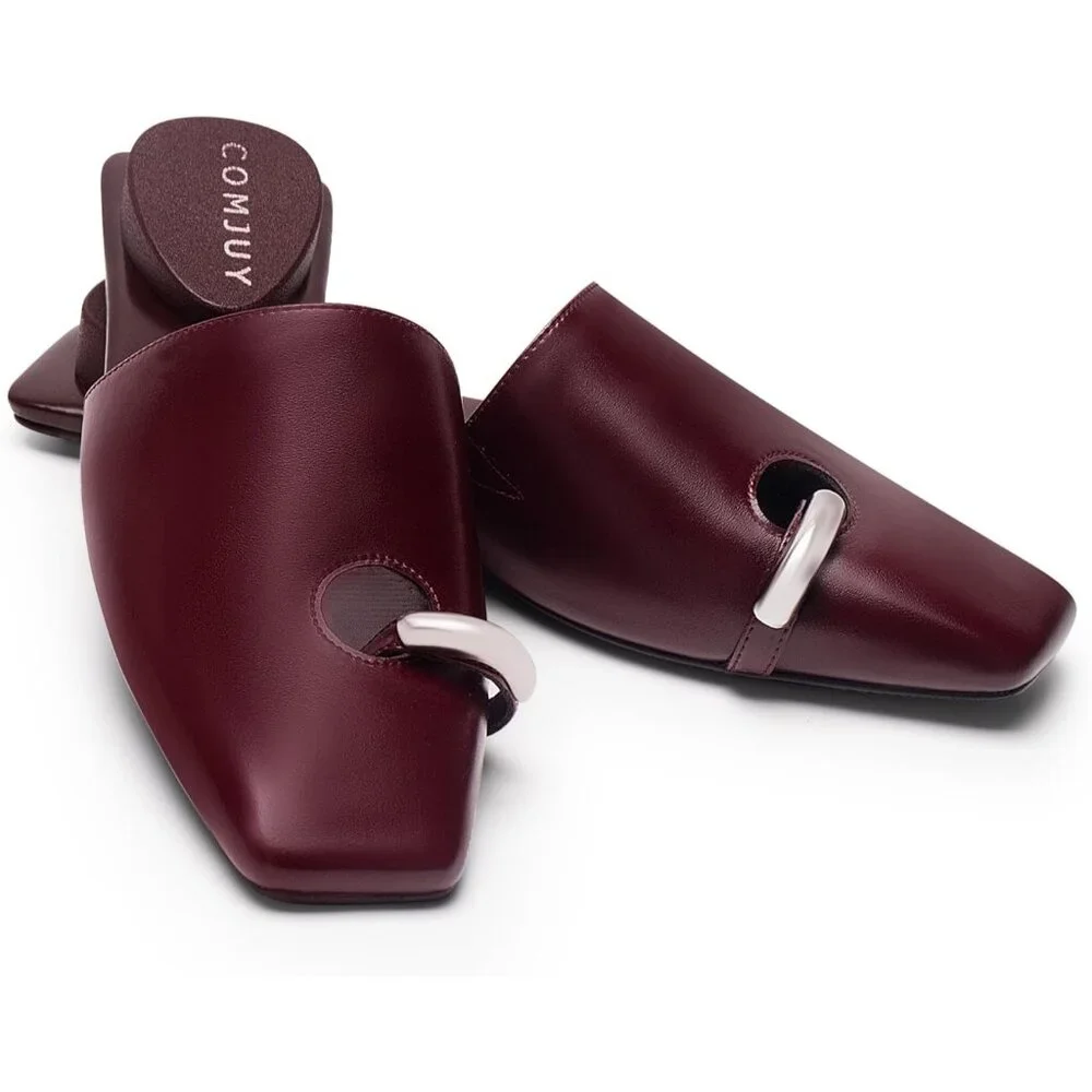 Beige Square Toe Mule Sandals Women Slip On Low Kitten Heels Faux Leather Heels - Picture 3 of 7